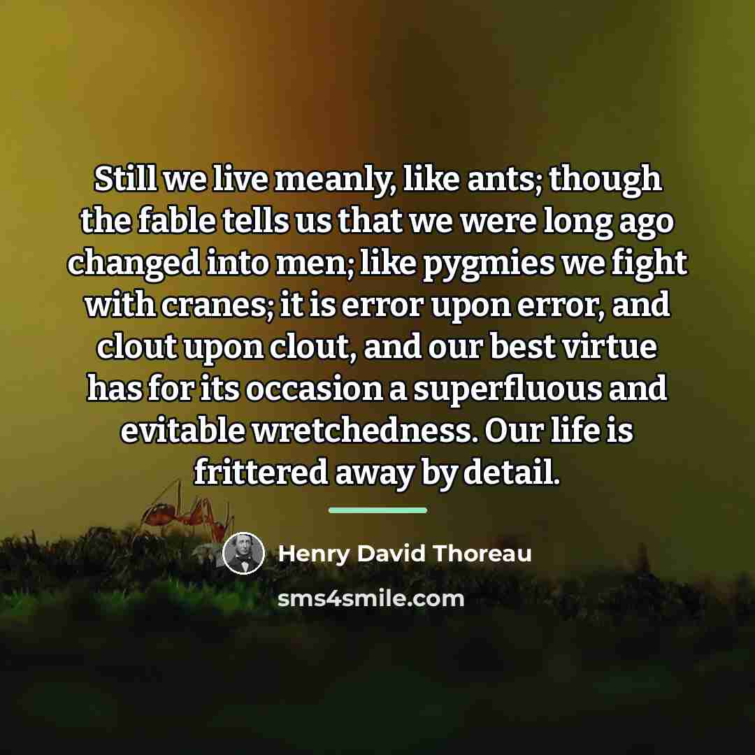 “Still we live meanly, like ants; though the fable tells…” quote by Henry David Thoreau