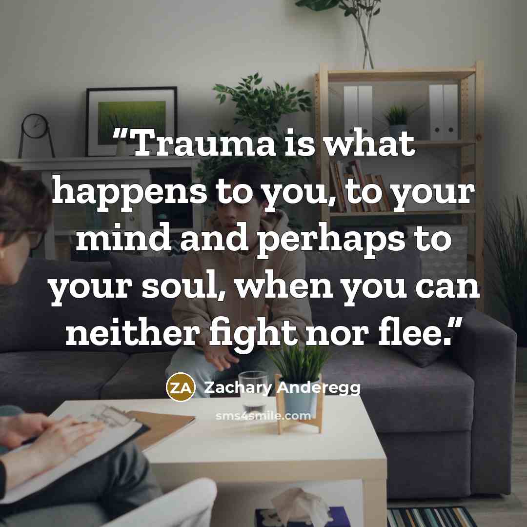 “Trauma is what happens to you, to your mind and perhaps to your soul, when you can neither fight nor flee.” quote by Zachary Anderegg