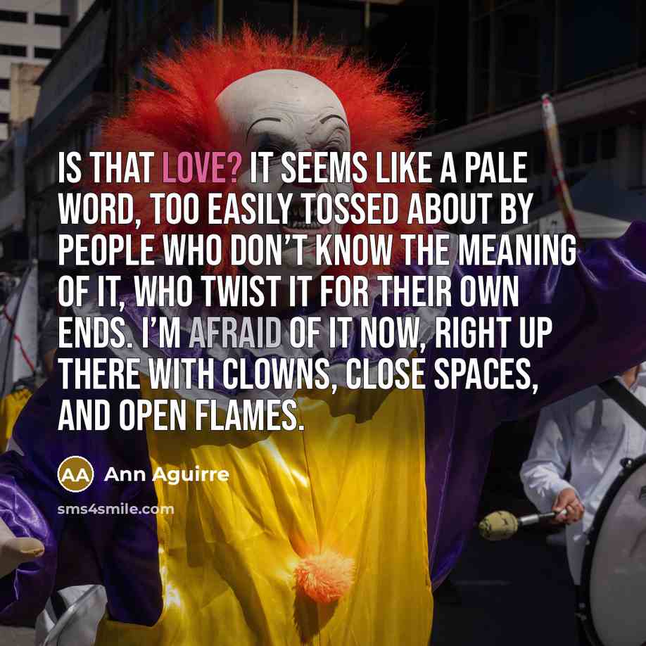 “Is that love? It seems like a pale word, too easily tossed about by people who don’t know the meaning of it, who twist it for their own ends. I’m afraid of it now, right up there with clowns, close spaces, and open flames.” quote by Ann Aguirre