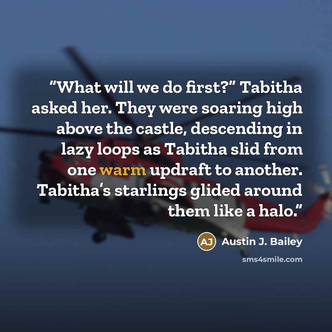 “What will we do first?” Tabitha asked her. They were soaring high above the castle, descending in lazy loops as Tabitha slid from one warm updraft to another. Tabitha’s starlings glided around them like a halo.” quote by Austin J. Bailey