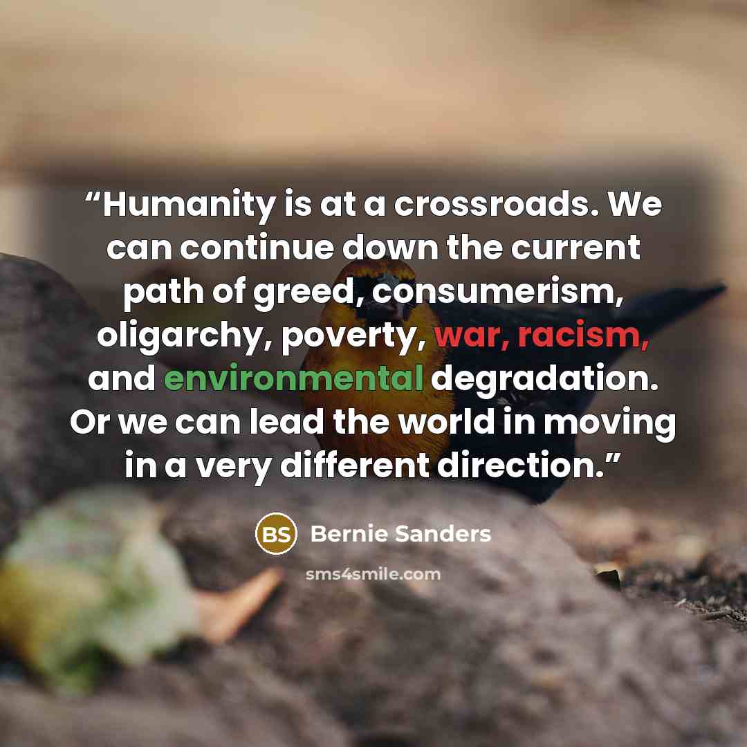 “Humanity is at a crossroads. We can continue down the current path of greed, consumerism, oligarchy, poverty, war, racism, and environmental degradation. Or we can lead the world in moving in a very different direction.” quote by Bernie Sanders