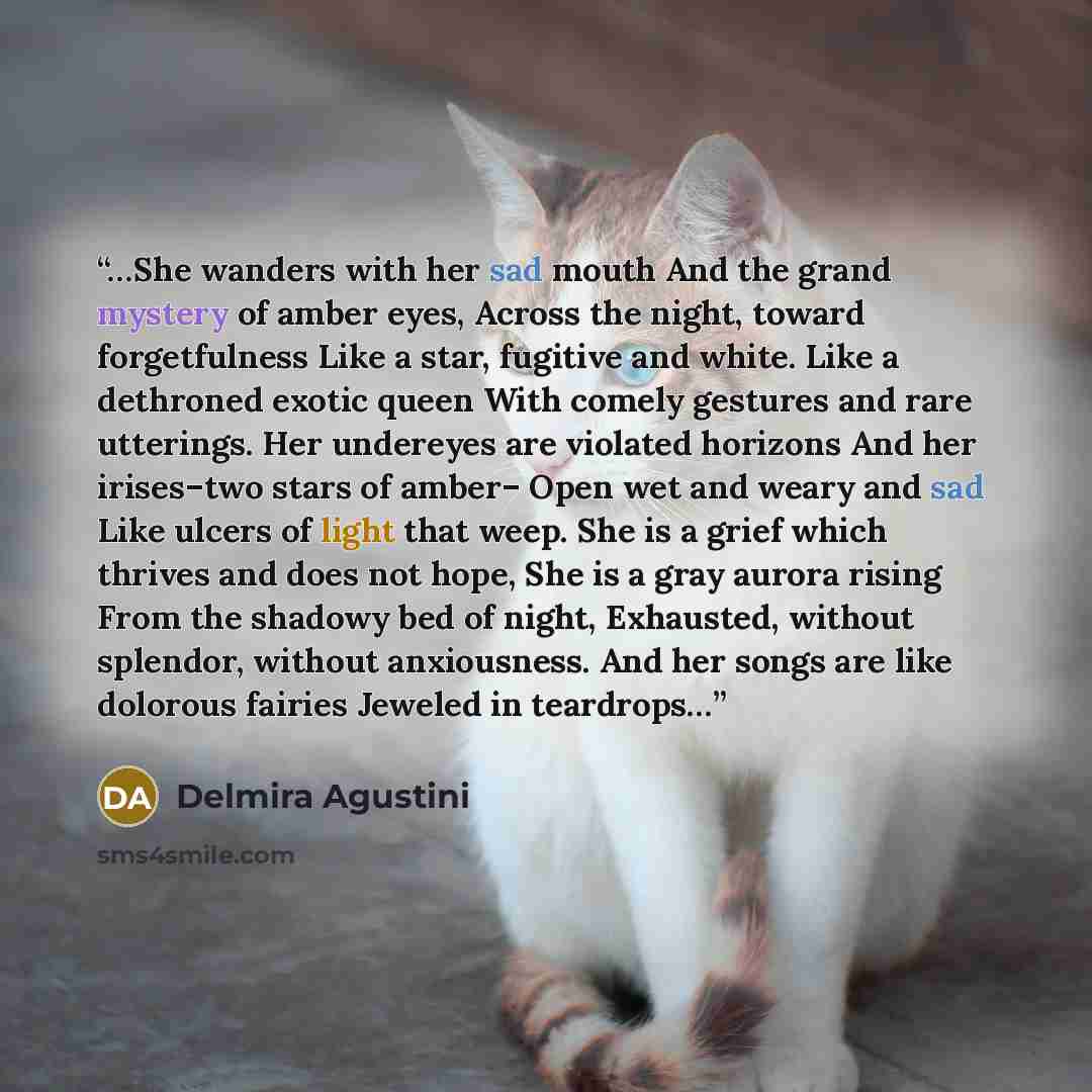 “…She wanders with her sad mouth And the grand mystery of amber eyes, Across the night, toward forgetfulness Like a star, fugitive and white. Like a dethroned exotic queen With comely gestures and rare utterings. Her undereyes are violated horizons And her irises–two stars of amber– Open wet and…” quote by Delmira Agustini