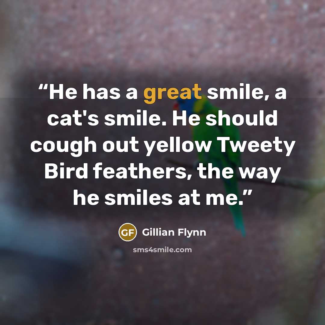 “He has a great smile, a cat's smile. He should cough out yellow Tweety Bird feathers, the way he smiles at me.” quote by Gillian Flynn