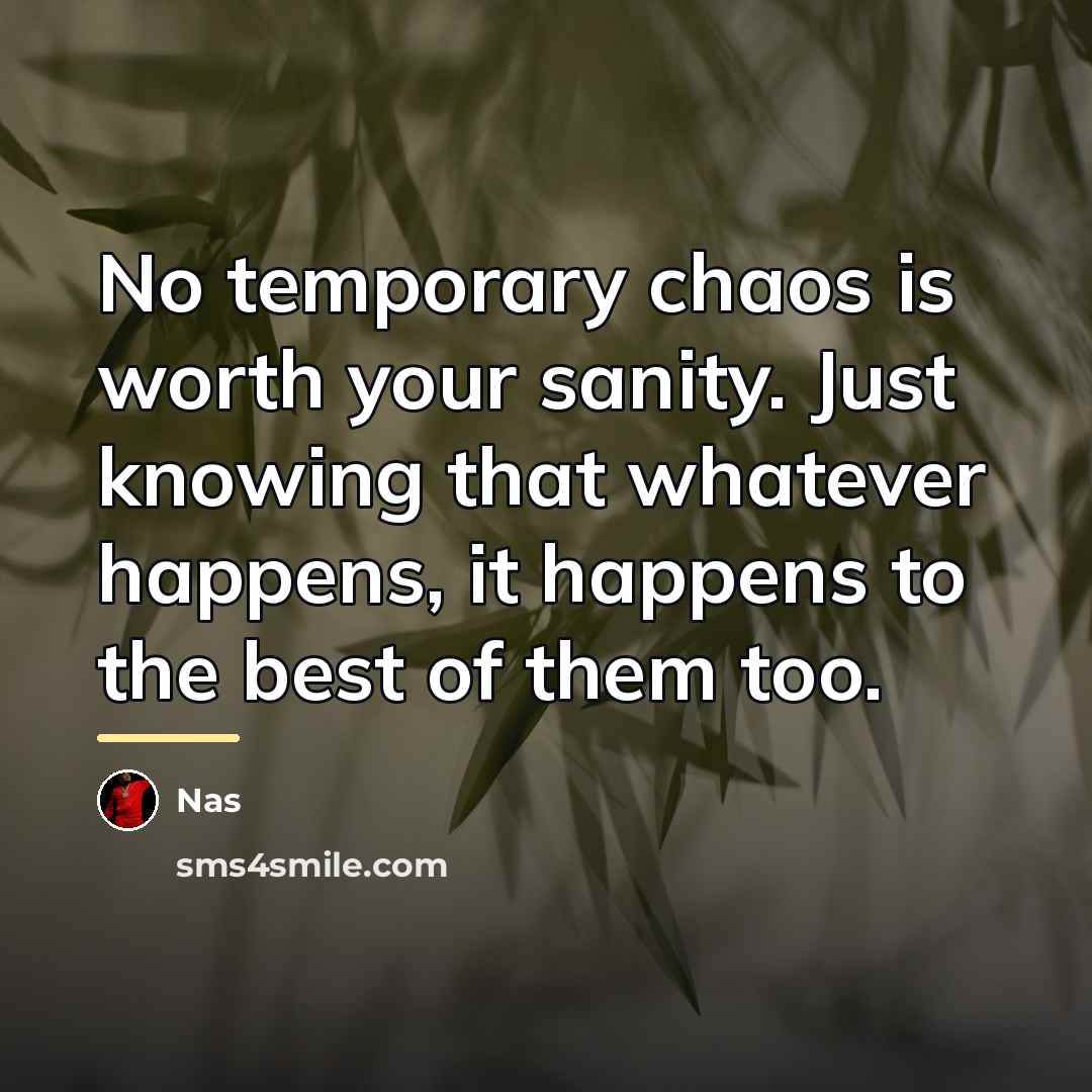 “No temporary chaos is worth your sanity. Just knowing that…” quote by Nas