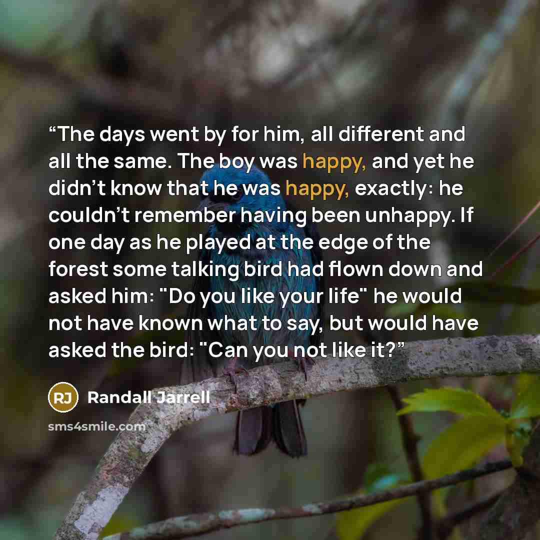 “The days went by for him, all different and all the same. The boy was happy, and yet he didn't know that he was happy, exactly: he couldn't remember having been unhappy. If one day as he played at the edge of the forest some talking bird had flown down and asked him: "Do you like your life" he…” quote by Randall Jarrell