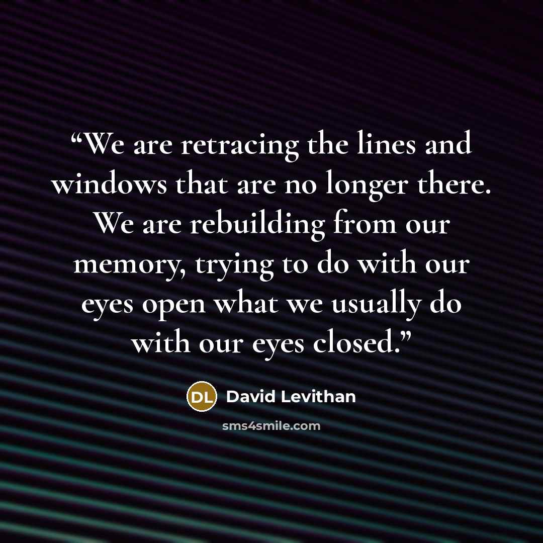 “We are retracing the lines and windows that are no longer there. We are rebuilding from our memory, trying to do with our eyes open what we usually do with our eyes closed.” quote by David Levithan