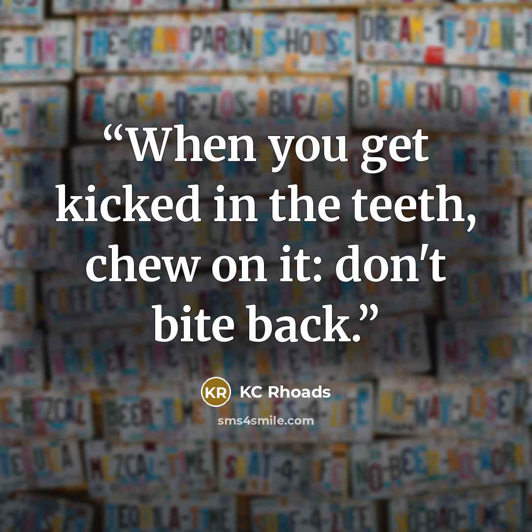 “When you get kicked in the teeth, chew on it: don't bite back.” quote by KC Rhoads
