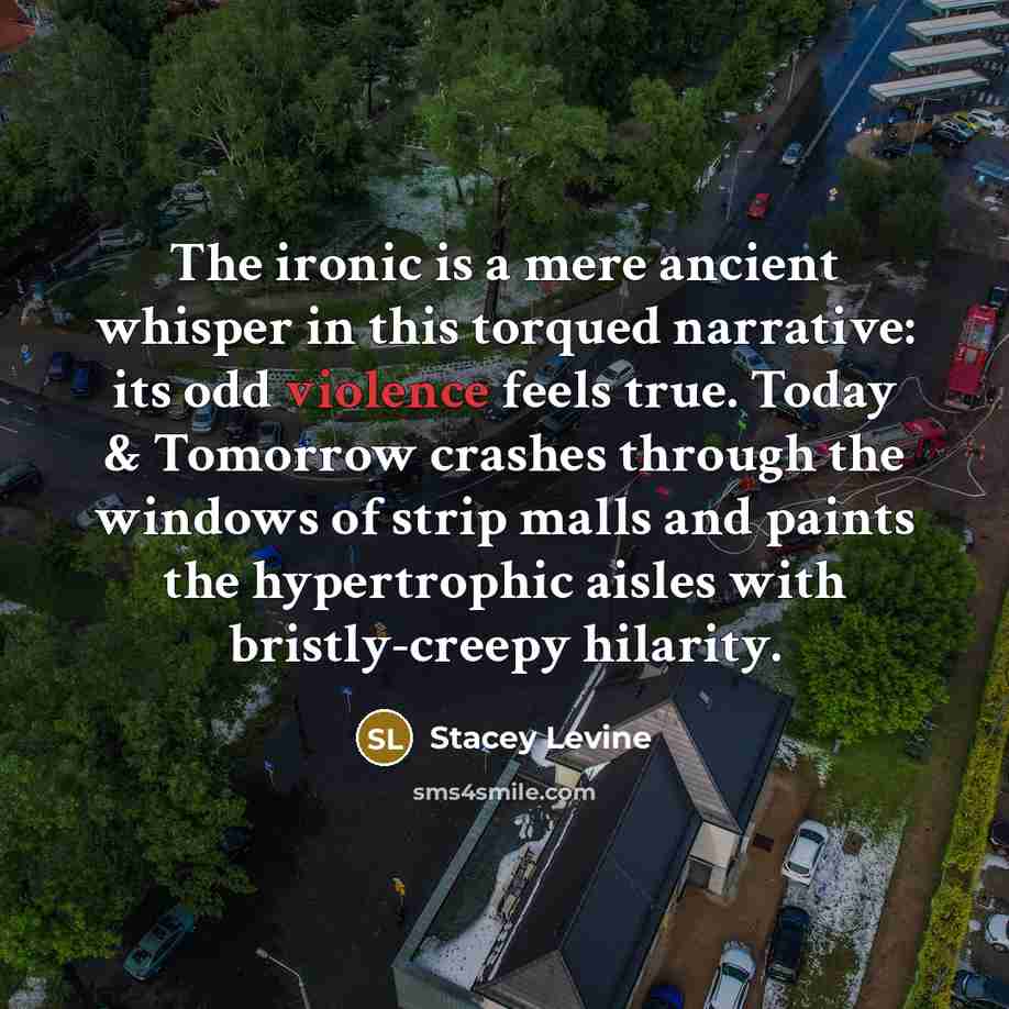 “The ironic is a mere ancient whisper in this torqued narrative: its odd violence feels true. Today & Tomorrow crashes through the windows of strip malls and paints the hypertrophic aisles with bristly-creepy hilarity.” quote by Stacey Levine