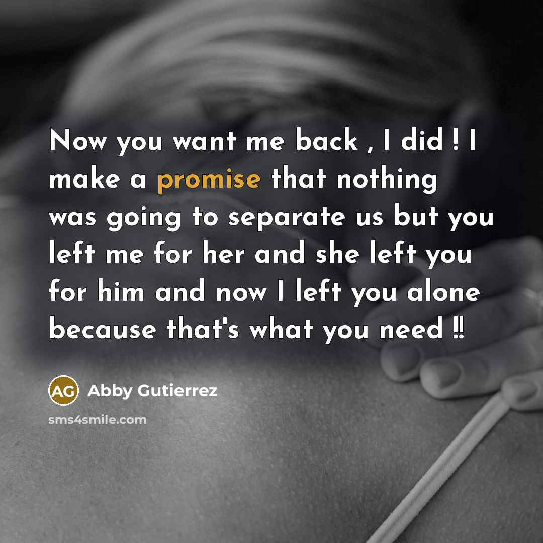 “Now you want me back , I did ! I make a promise that nothing was going to separate us but you left me for her and she left you for him and now I left you alone because that's what you need !!” quote by Abby Gutierrez