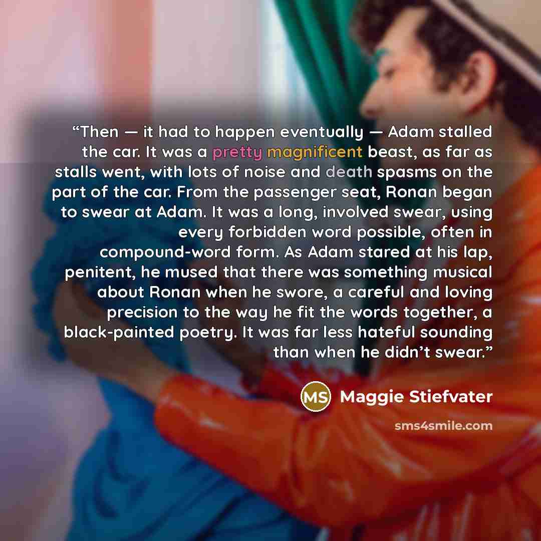 “Then — it had to happen eventually — Adam stalled the car. It was a pretty magnificent beast, as far as stalls went, with lots of noise and death spasms on the part of the car. From the passenger seat, Ronan began to swear at Adam. It was a long, involved swear, using every forbidden word…” quote by Maggie Stiefvater