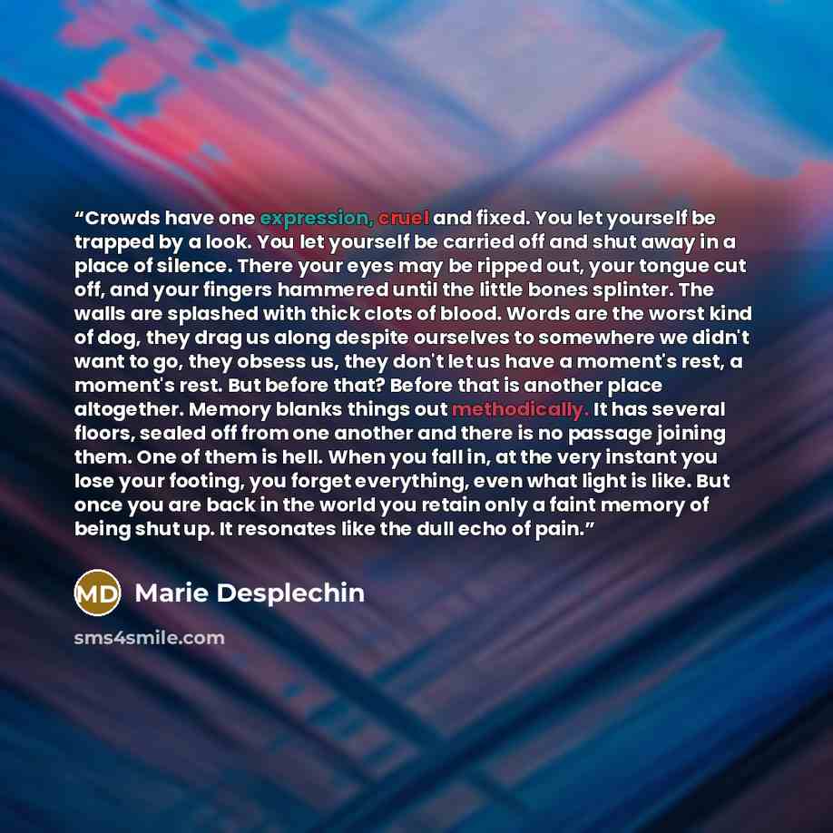 “Crowds have one expression, cruel and fixed. You let yourself be trapped by a look. You let yourself be carried off and shut away in a place of silence. There your eyes may be ripped out, your tongue cut off, and your fingers hammered until the little bones splinter. The walls are splashed with…” quote by Marie Desplechin