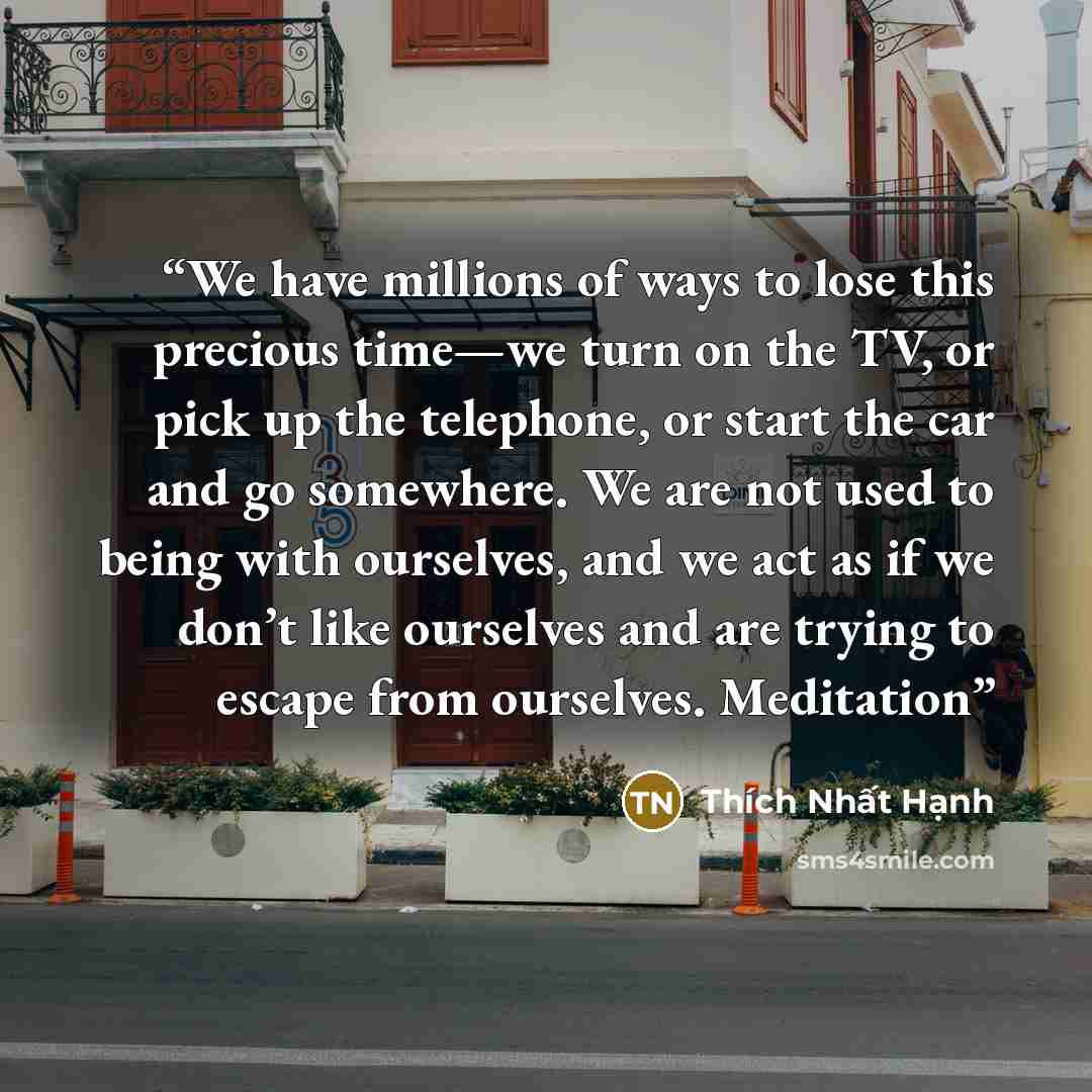 “We have millions of ways to lose this precious time—we turn on the TV, or pick up the telephone, or start the car and go somewhere. We are not used to being with ourselves, and we act as if we don’t like ourselves and are trying to escape from ourselves. Meditation” quote by Thich Nhat Hanh