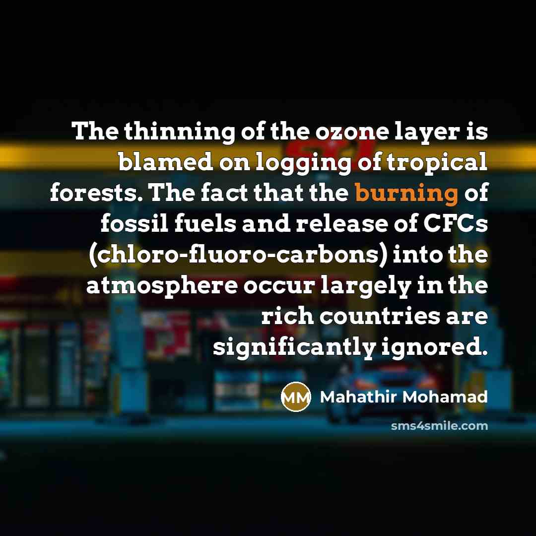 “The thinning of the ozone layer is blamed on logging…” quote by Mahathir Mohamad