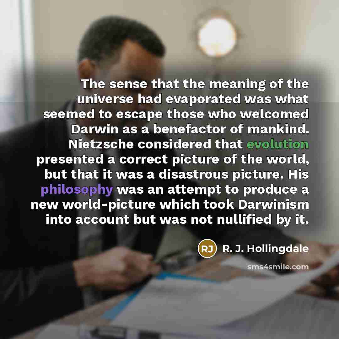 “The sense that the meaning of the universe had evaporated…” quote by R. J. Hollingdale
