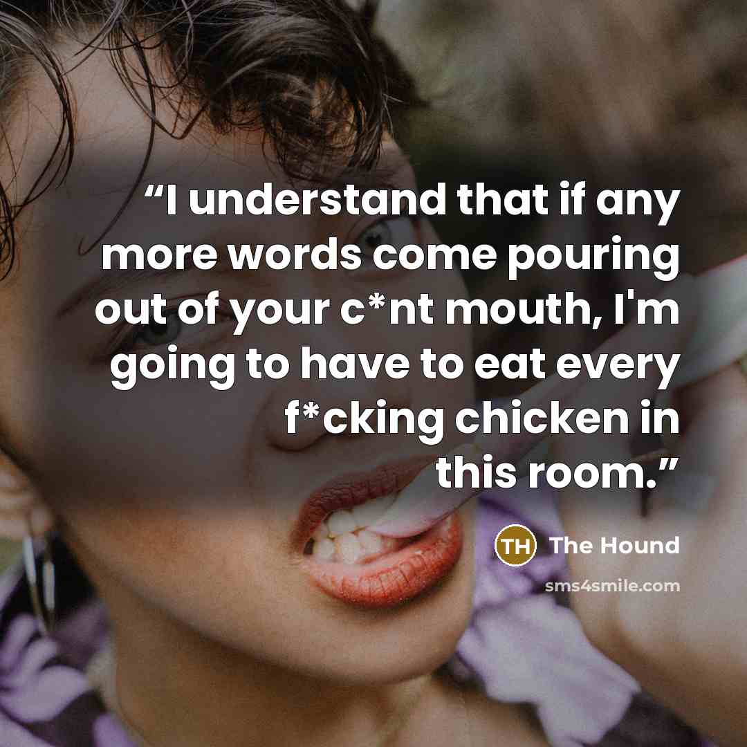 “I understand that if any more words come pouring out of your c*nt mouth, I'm going to have to eat every f*cking chicken in this room.” quote by The Hound