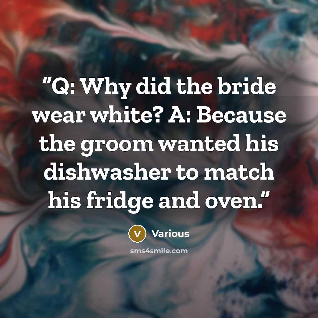 “Q: Why did the bride wear white? A: Because the groom wanted his dishwasher to match his fridge and oven.” quote by Various
