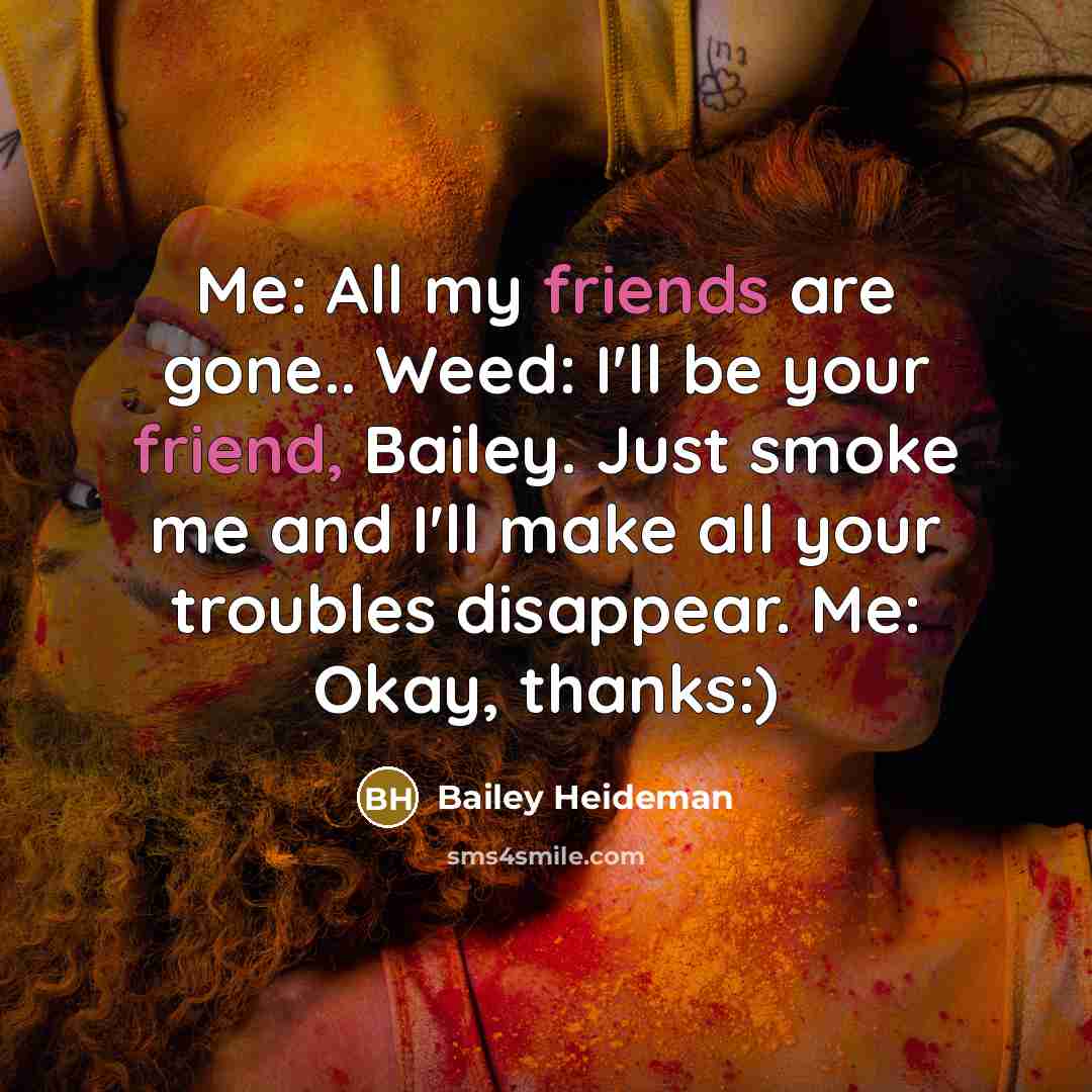 “Me: All my friends are gone.. Weed: I'll be your friend, Bailey. Just smoke me and I'll make all your troubles disappear. Me: Okay, thanks:)” quote by Bailey Heideman
