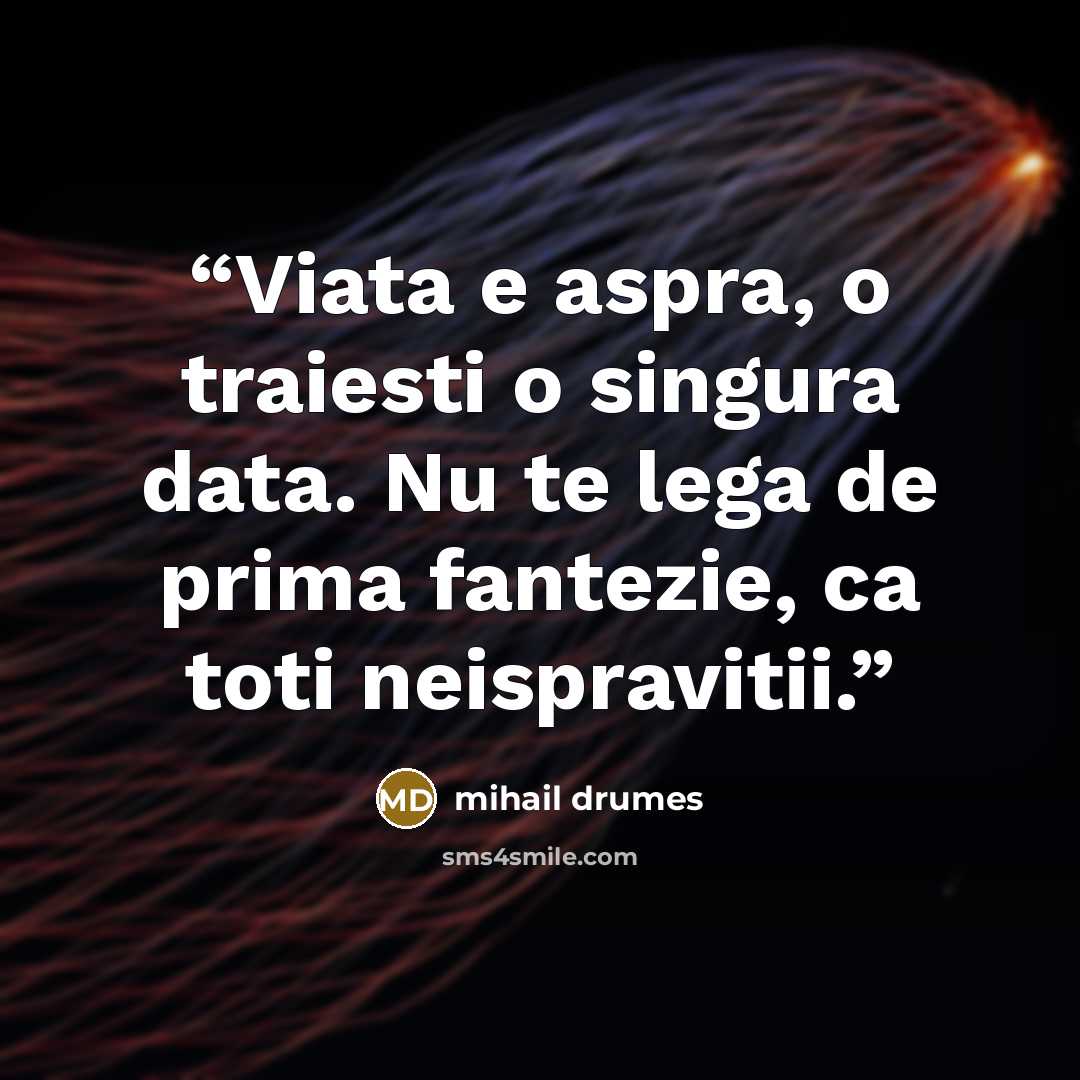 “Viata e aspra, o traiesti o singura data. Nu te lega de prima fantezie, ca toti neispravitii.” quote by Mihail Drumeş