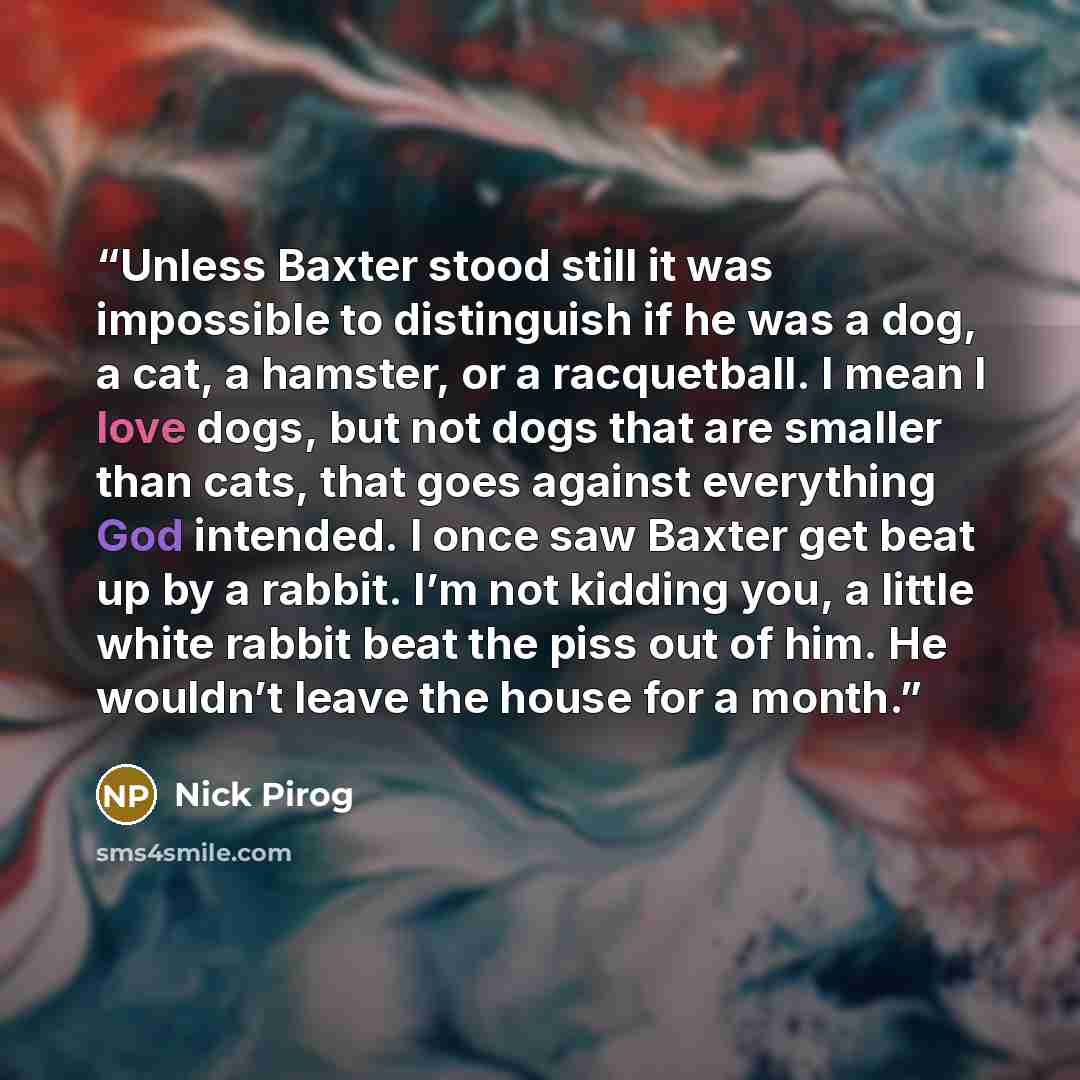 “Unless Baxter stood still it was impossible to distinguish if he was a dog, a cat, a hamster, or a racquetball. I mean I love dogs, but not dogs that are smaller than cats, that goes against everything God intended. I once saw Baxter get beat up by a rabbit. I’m not kidding you, a little white…” quote by Nick Pirog
