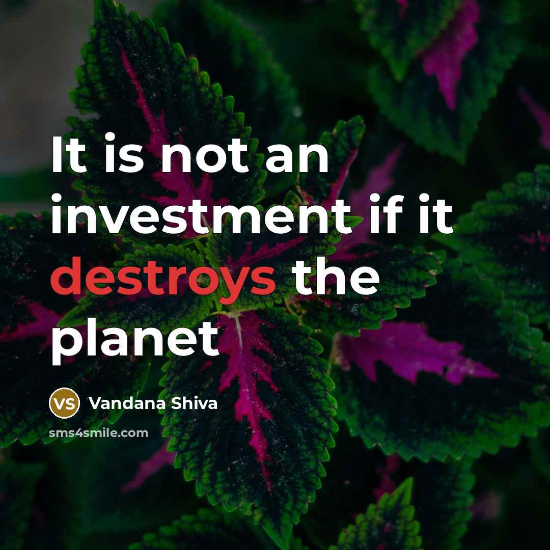 “It is not an investment if it destroys the planet” quote by Vandana Shiva