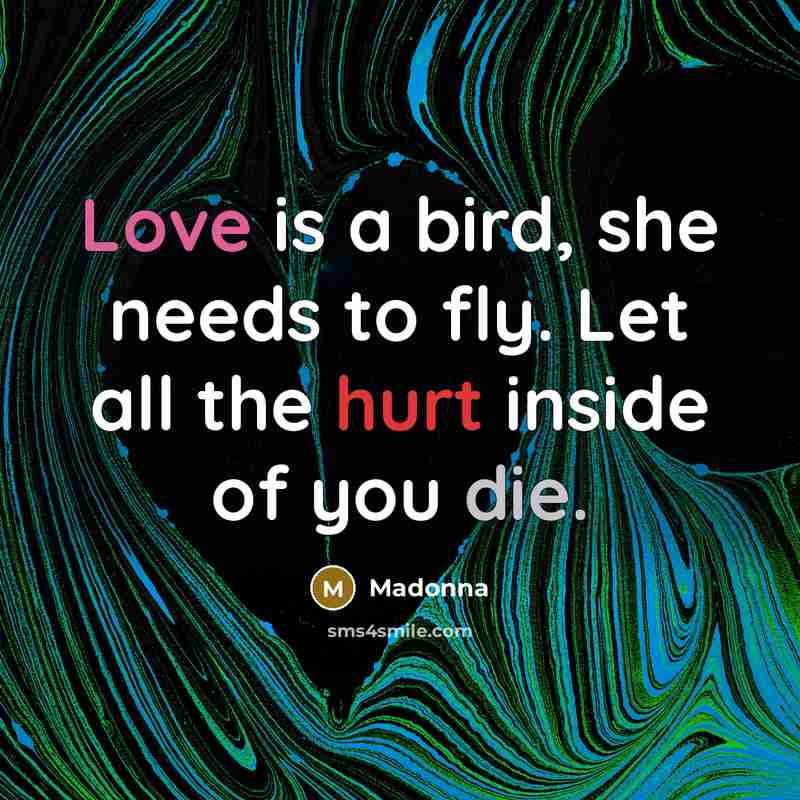 “Love is a bird, she needs to fly. Let all the hurt inside of you die.” quote by Madonna