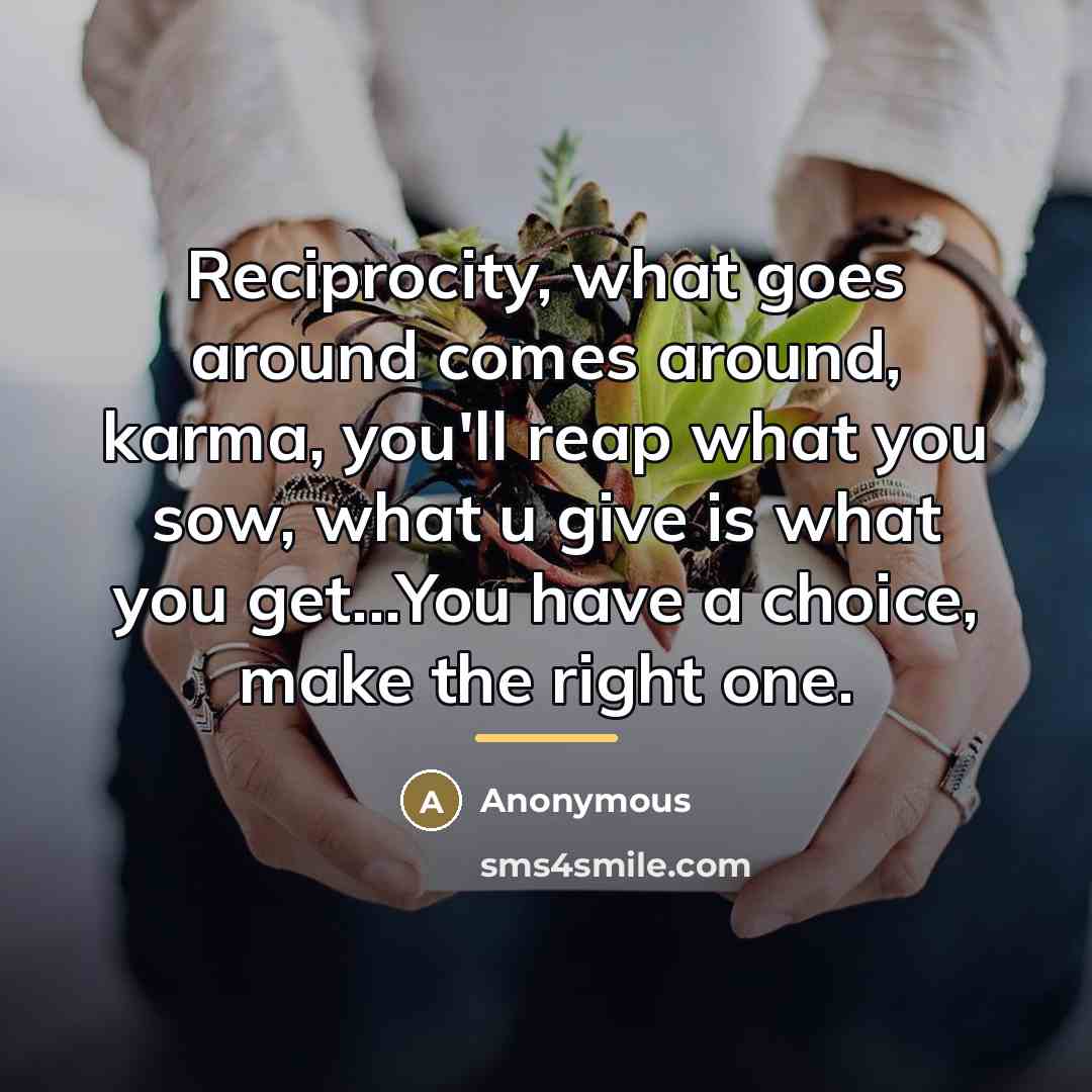 “Reciprocity, what goes around comes around, karma, you'll reap what…” quote by Anonymous