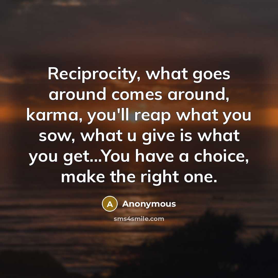 “Reciprocity, what goes around comes around, karma, you'll reap what you sow, what u give is what you get...You have a choice, make the right one.” quote by Anonymous