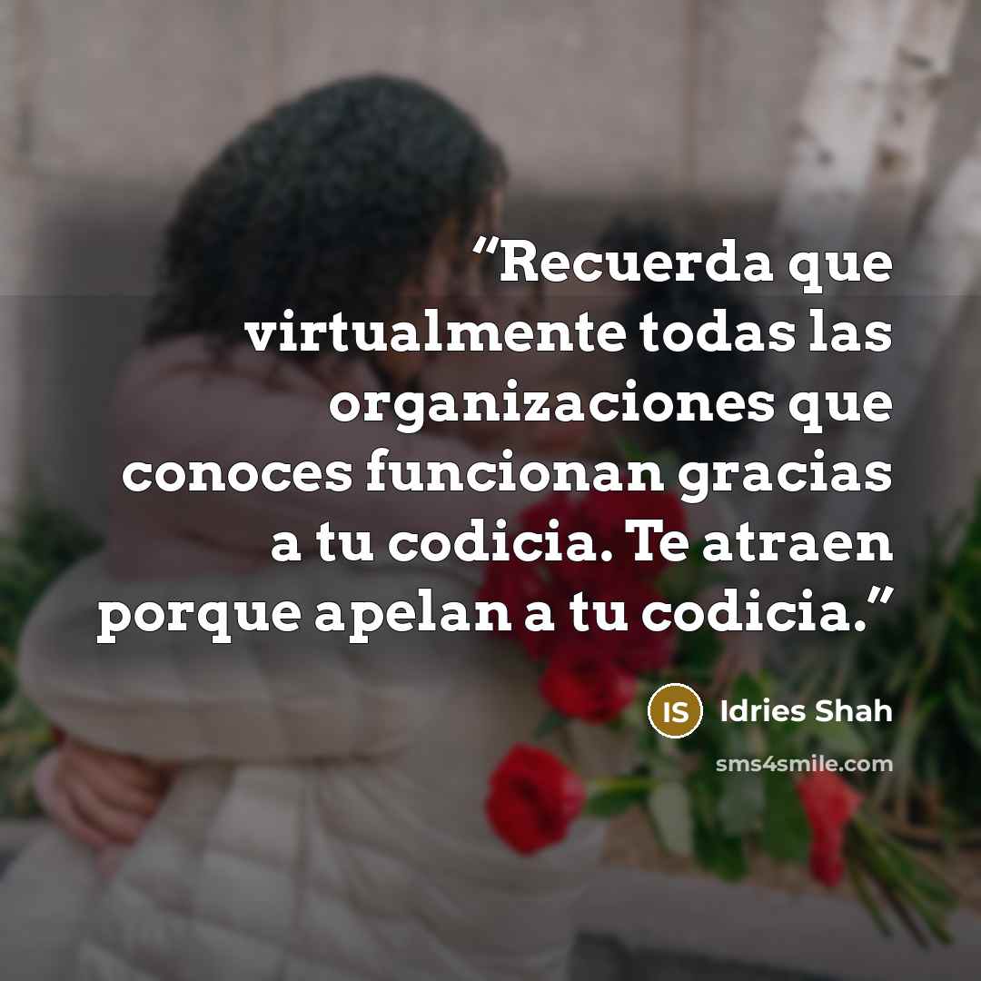 “Recuerda que virtualmente todas las organizaciones que conoces funcionan gracias a tu codicia. Te atraen porque apelan a tu codicia.” quote by Idries Shah