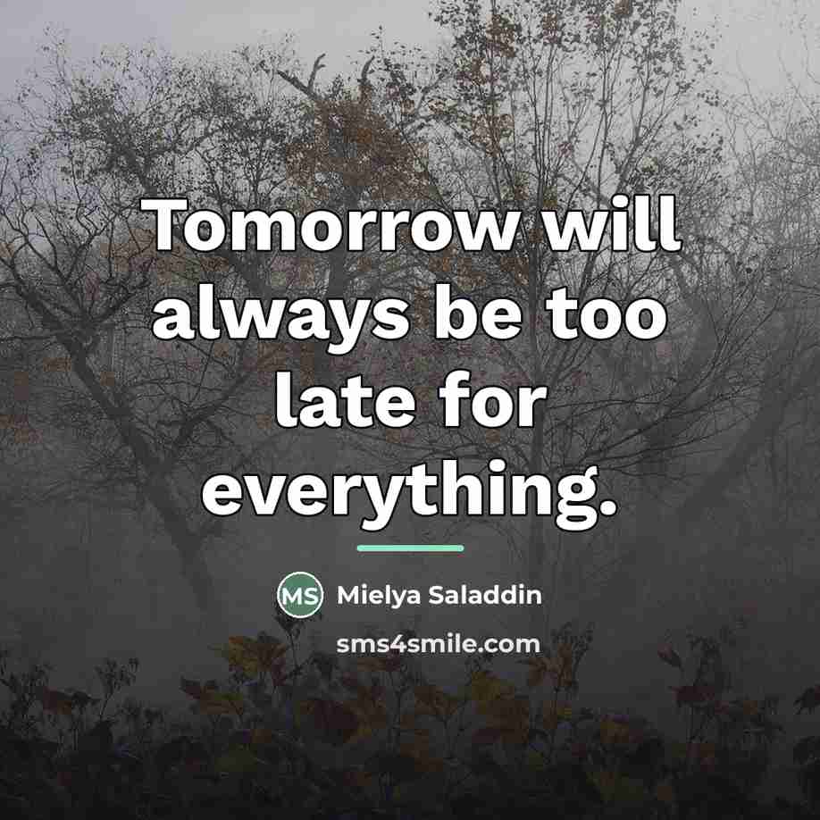 “Tomorrow will always be too late for everything.…” quote by Mielya Saladdin