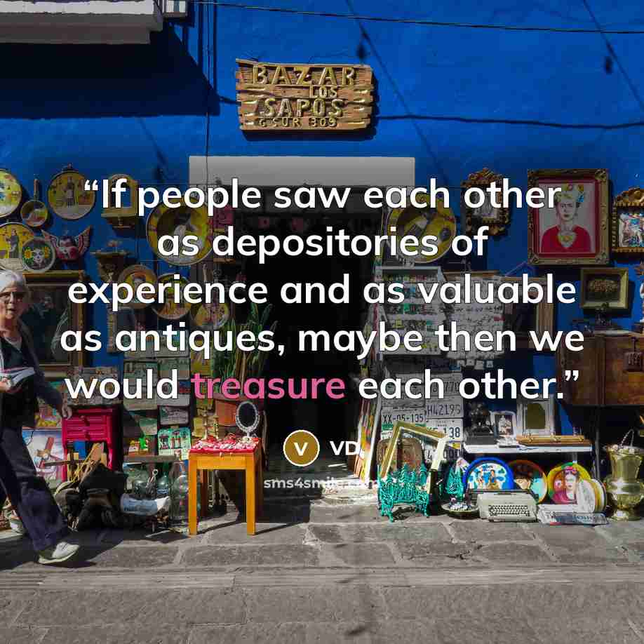 “If people saw each other as depositories of experience and as valuable as antiques, maybe then we would treasure each other.” quote by VD