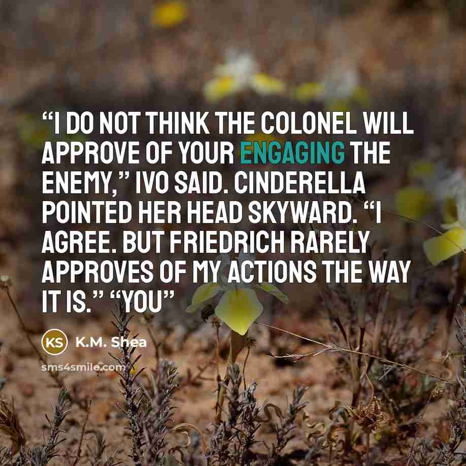 “I do not think the Colonel will approve of your engaging the enemy,” Ivo said. Cinderella pointed her head skyward. “I agree. But Friedrich rarely approves of my actions the way it is.” “You” quote by K.M. Shea