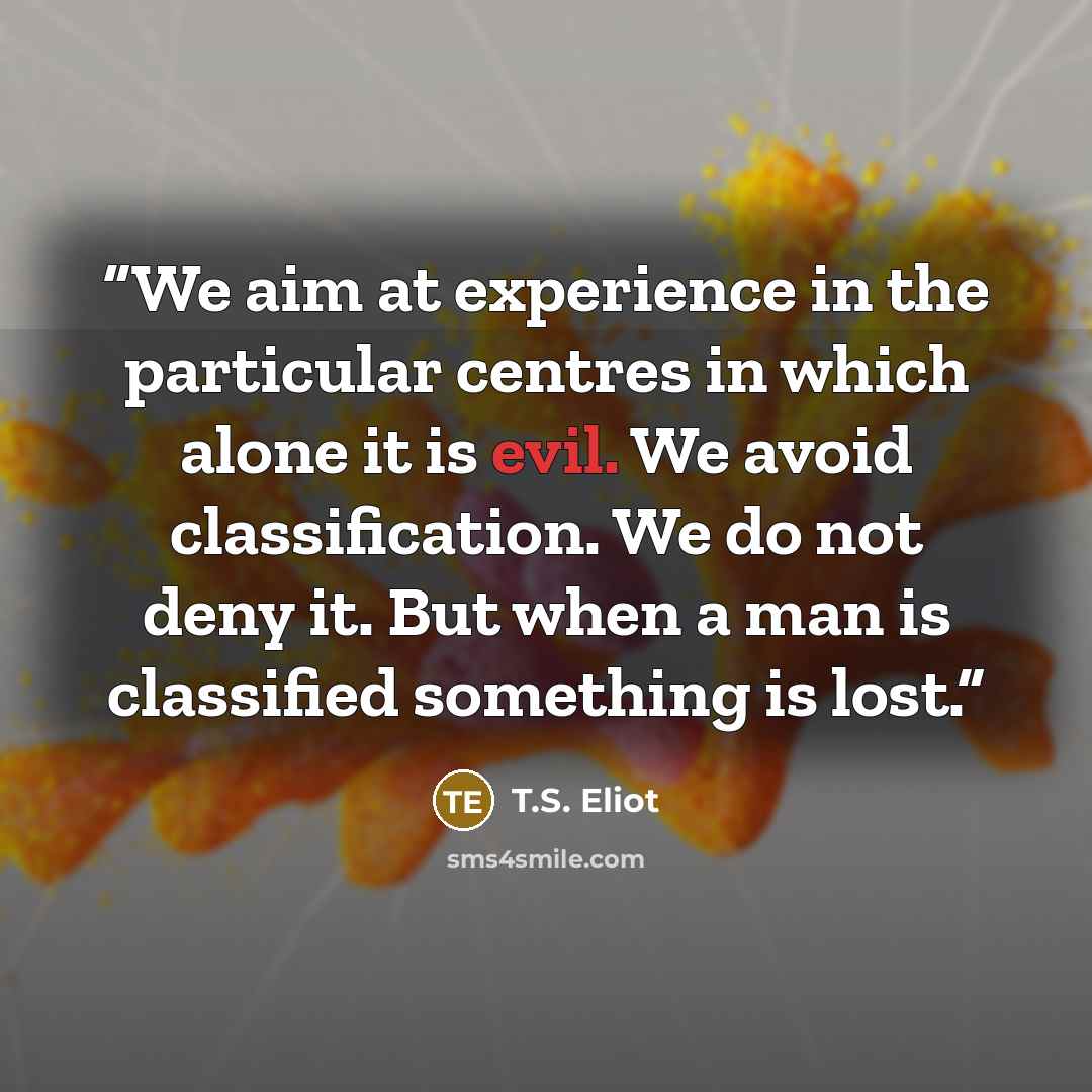 “We aim at experience in the particular centres in which alone it is evil. We avoid classification. We do not deny it. But when a man is classified something is lost.” quote by T.S. Eliot