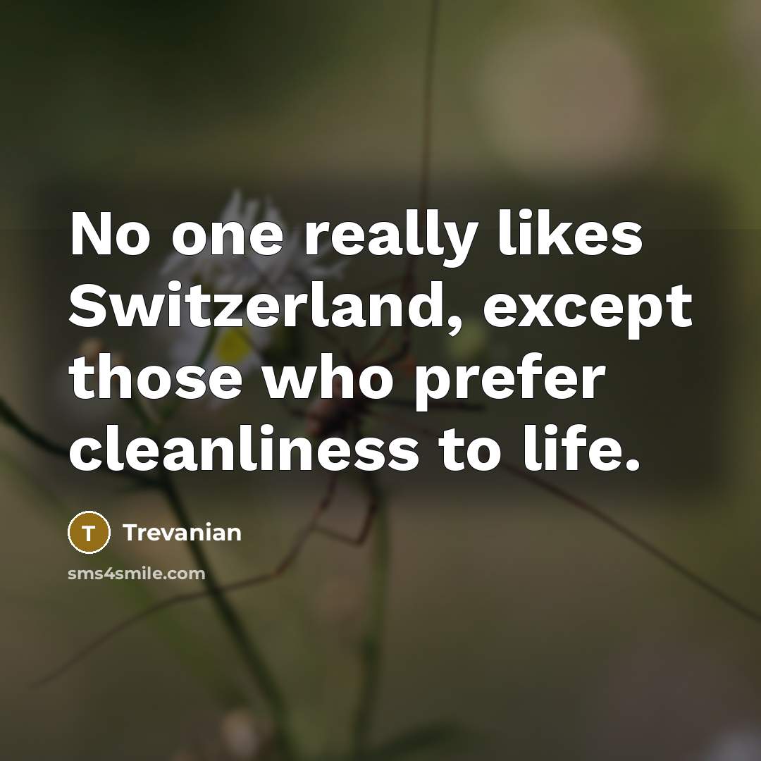 “No one really likes Switzerland, except those who prefer cleanliness…” quote by Trevanian