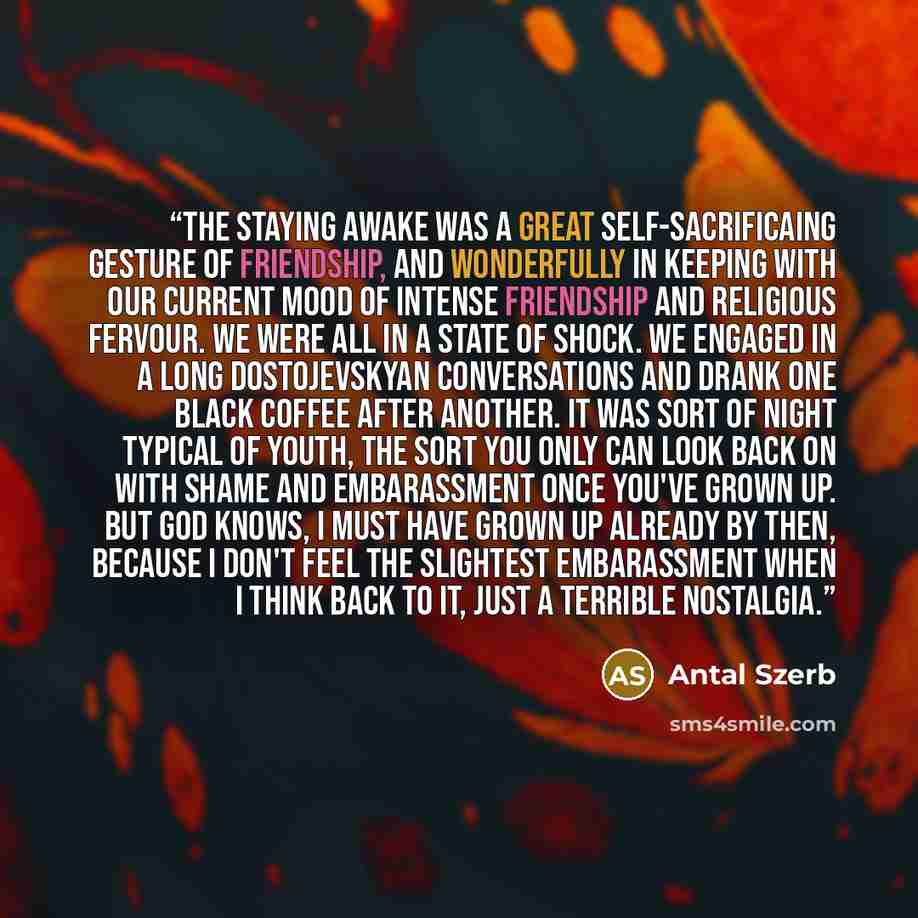 “The staying awake was a great self-sacrificaing gesture of friendship, and wonderfully in keeping with our current mood of intense friendship and religious fervour. We were all in a state of shock. We engaged in a long Dostojevskyan conversations and drank one black coffee after another. It was…” quote by Antal Szerb