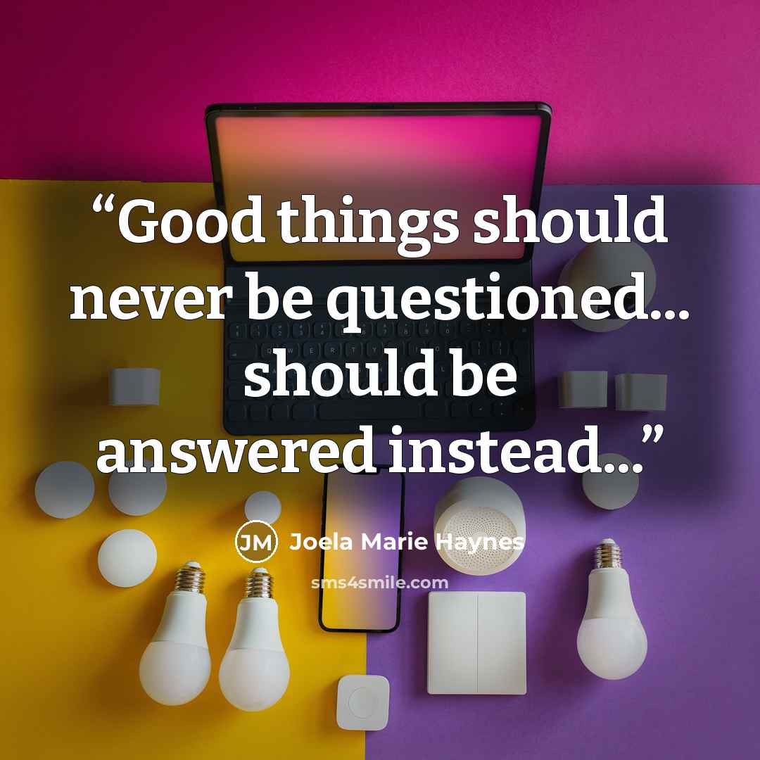 “Good things should never be questioned... should be answered instead...” quote by Joela Marie Haynes