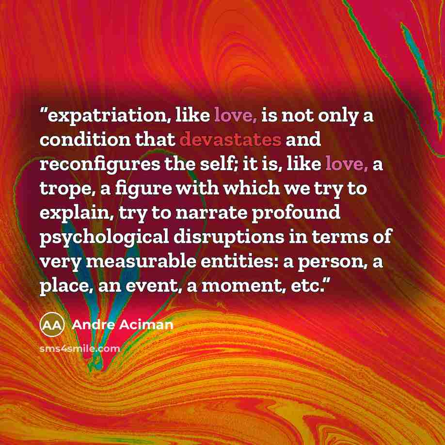 “expatriation, like love, is not only a condition that devastates and reconfigures the self; it is, like love, a trope, a figure with which we try to explain, try to narrate profound psychological disruptions in terms of very measurable entities: a person, a place, an event, a moment, etc.” quote by André Aciman