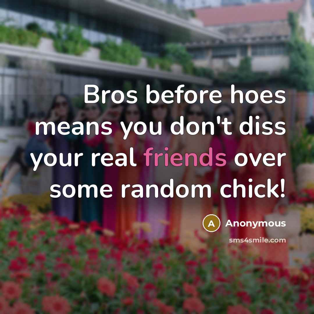 “Bros before hoes means you don't diss your real friends over some random chick!” quote by Anonymous