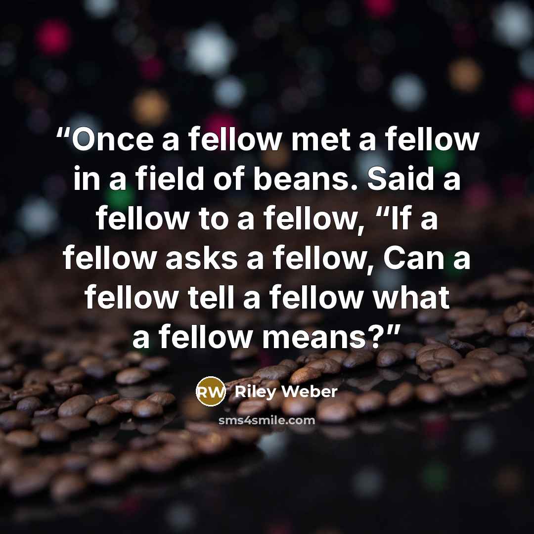 “Once a fellow met a fellow in a field of beans. Said a fellow to a fellow, “If a fellow asks a fellow, Can a fellow tell a fellow what a fellow means?” quote by Riley Weber