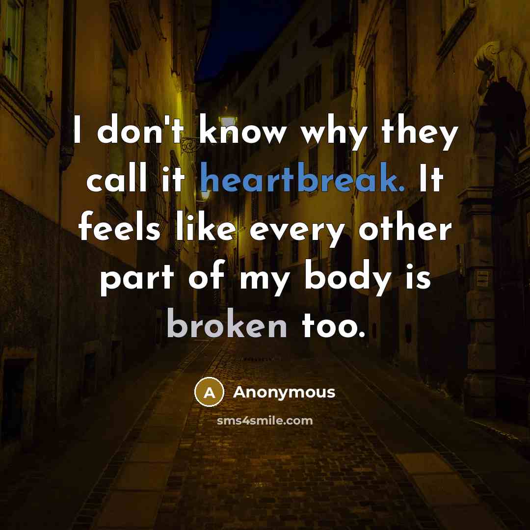 “I don't know why they call it heartbreak. It feels like every other part of my body is broken too.” quote by Anonymous