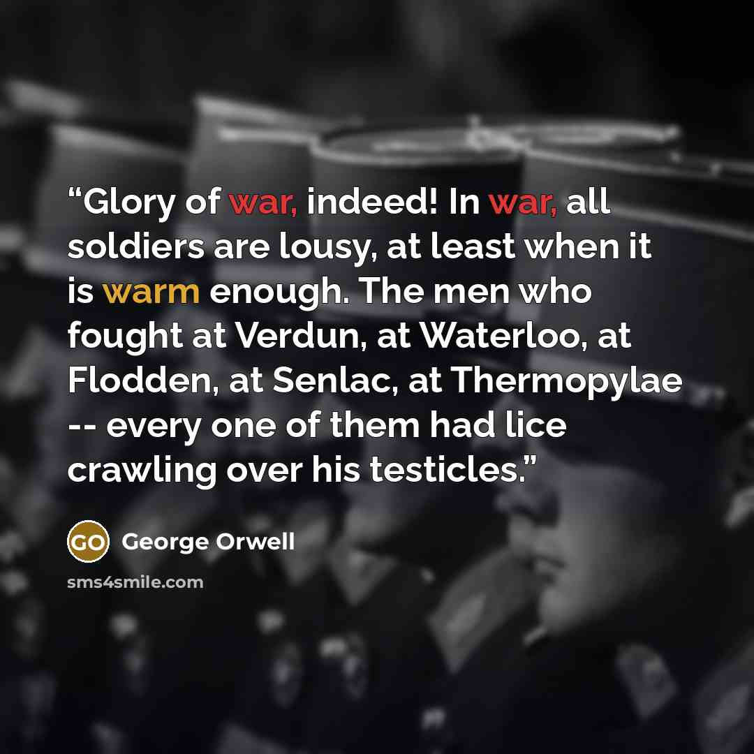 “Glory of war, indeed! In war, all soldiers are lousy, at least when it is warm enough. The men who fought at Verdun, at Waterloo, at Flodden, at Senlac, at Thermopylae -- every one of them had lice crawling over his testicles.” quote by George Orwell