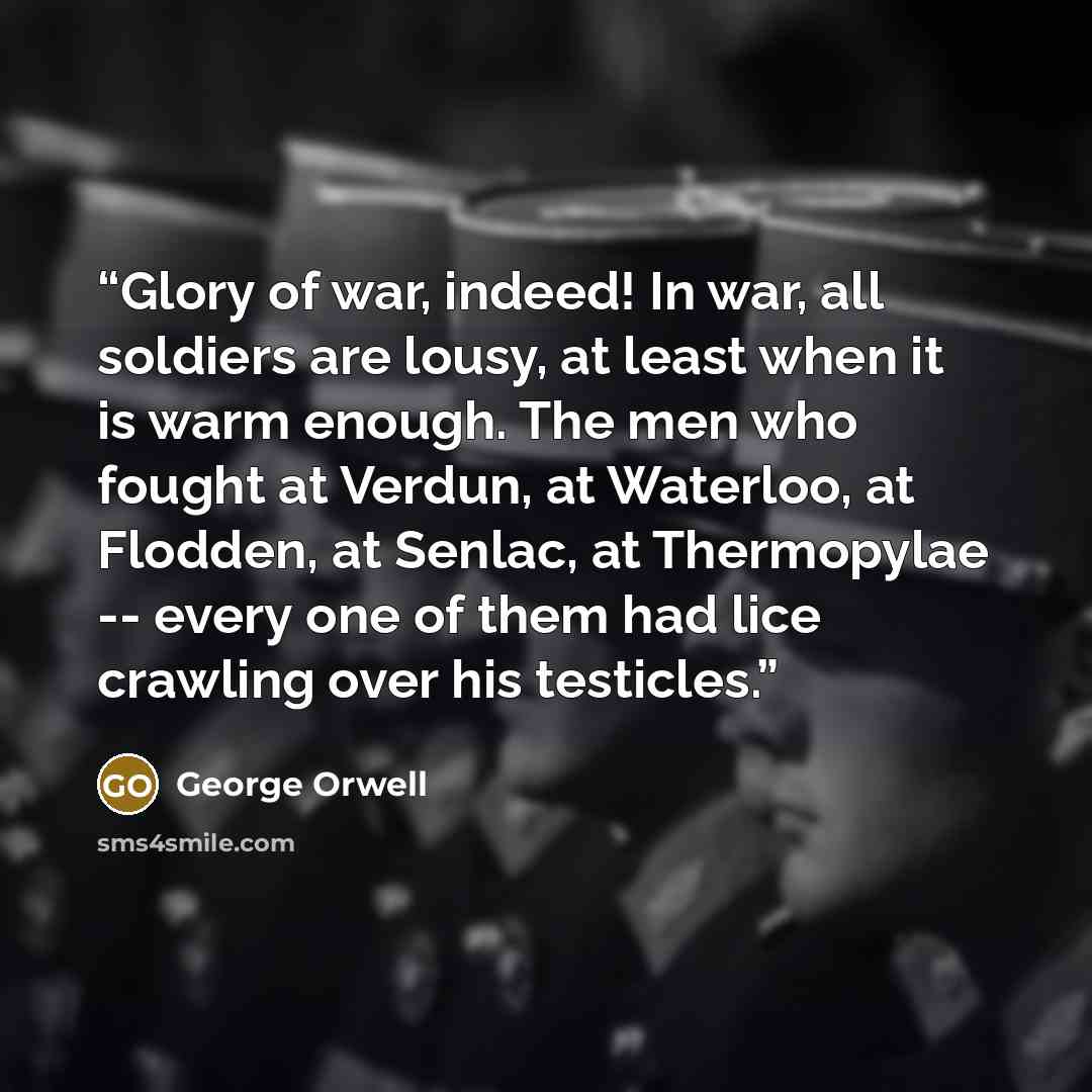 “Glory of war, indeed! In war, all soldiers are lousy, at least when it is warm enough. The men who fought at Verdun, at Waterloo, at Flodden, at Senlac, at Thermopylae -- every one of them had lice crawling over his testicles.” quote by George Orwell