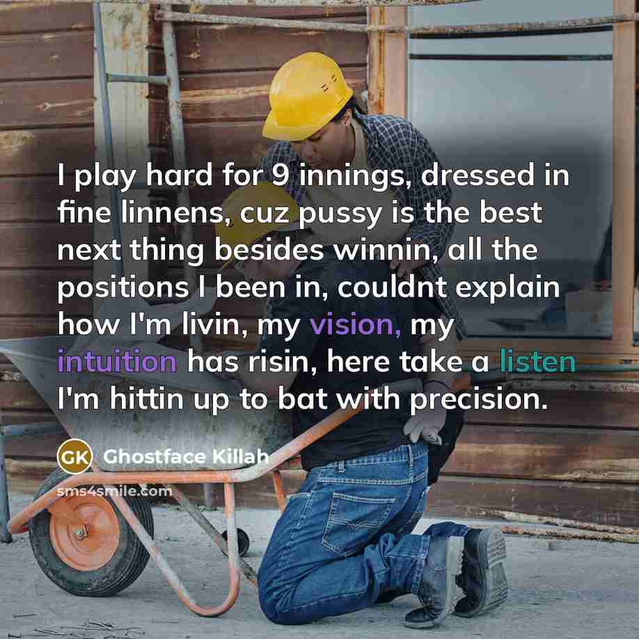 “I play hard for 9 innings, dressed in fine linnens, cuz pussy is the best next thing besides winnin, all the positions I been in, couldnt explain how I'm livin, my vision, my intuition has risin, here take a listen I'm hittin up to bat with precision.” quote by Ghostface Killah