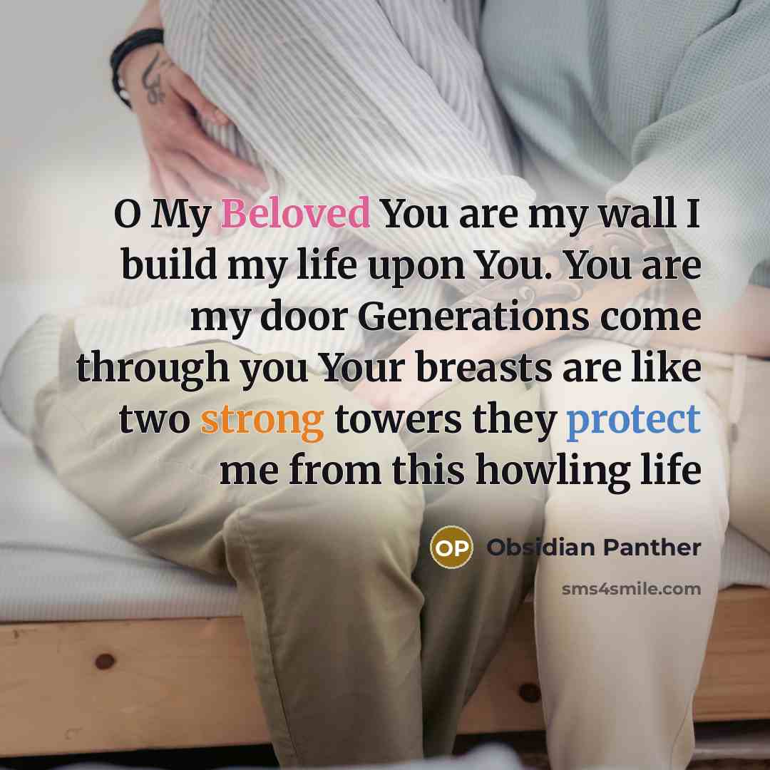 “O My Beloved You are my wall I build my life upon You. You are my door Generations come through you Your breasts are like two strong towers they protect me from this howling life” quote by Obsidian Panther