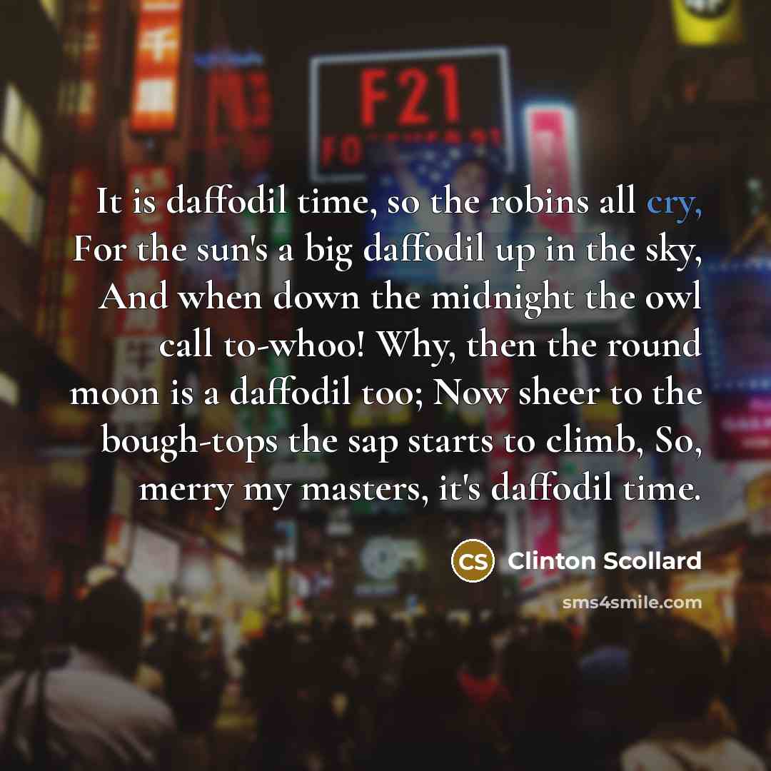 “It is daffodil time, so the robins all cry, For…” quote by Clinton Scollard