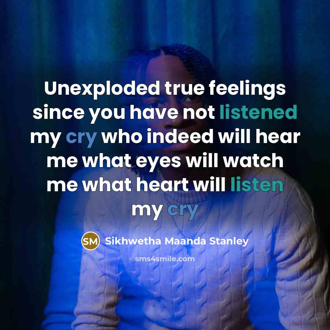 “Unexploded true feelings since you have not listened my cry who indeed will hear me what eyes will watch me what heart will listen my cry” quote by Sikhwetha Maanda Stanley
