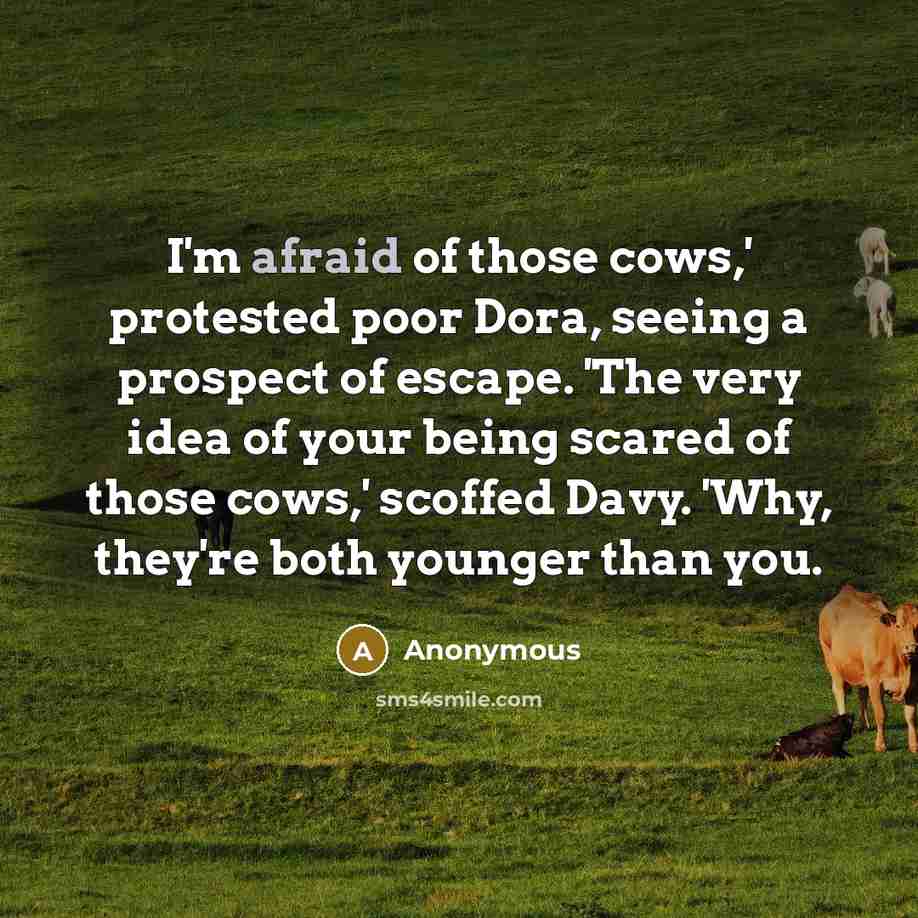 “I'm afraid of those cows,' protested poor Dora, seeing a prospect of escape. 'The very idea of your being scared of those cows,' scoffed Davy. 'Why, they're both younger than you.” quote by Anonymous