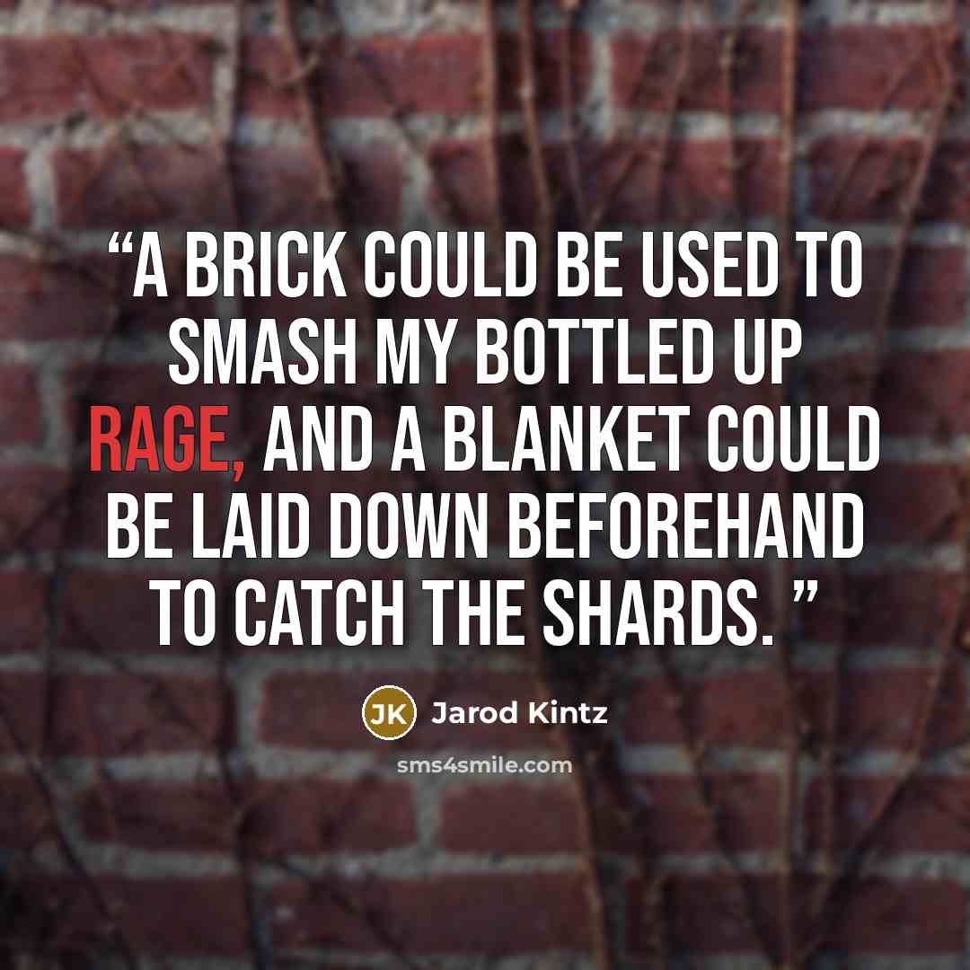 “A brick could be used to smash my bottled up rage, and a blanket could be laid down beforehand to catch the shards.” quote by Jarod Kintz