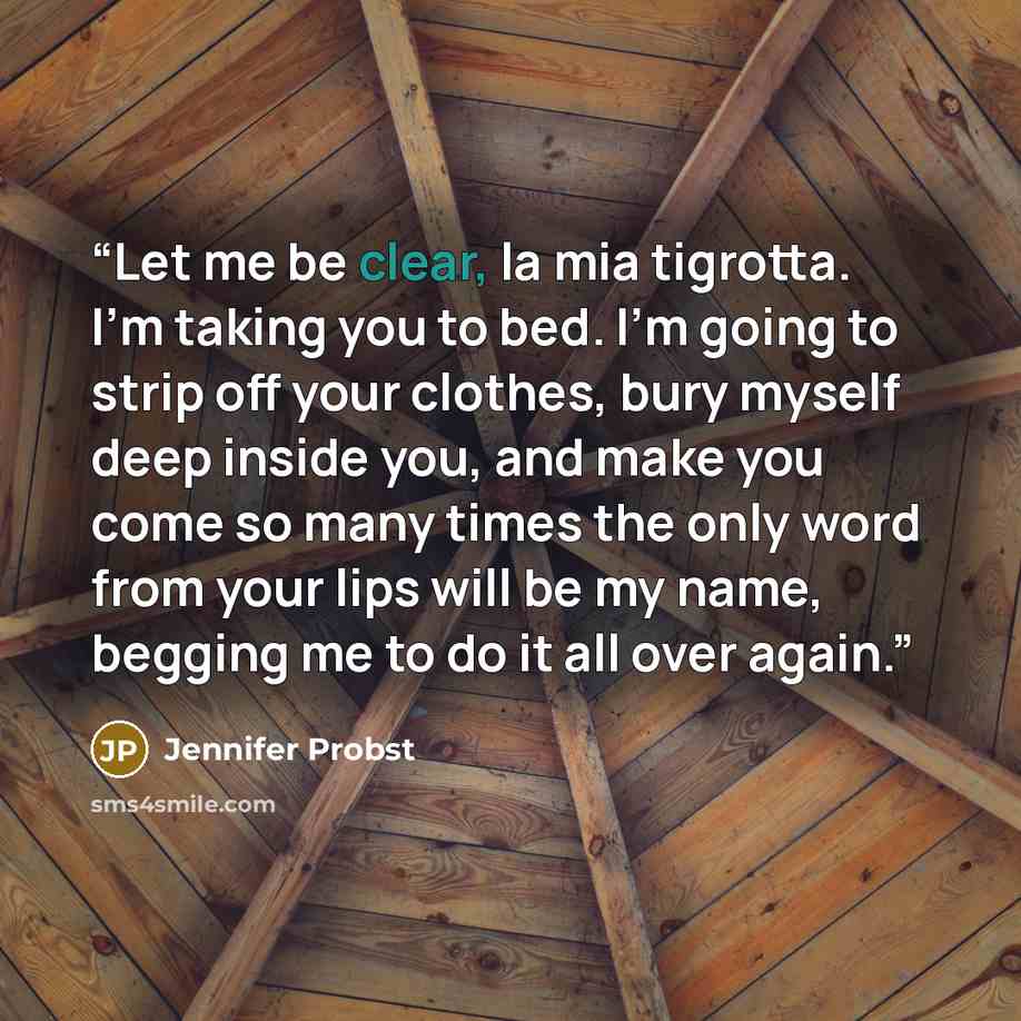“Let me be clear, la mia tigrotta. I’m taking you to bed. I’m going to strip off your clothes, bury myself deep inside you, and make you come so many times the only word from your lips will be my name, begging me to do it all over again.” quote by Jennifer Probst