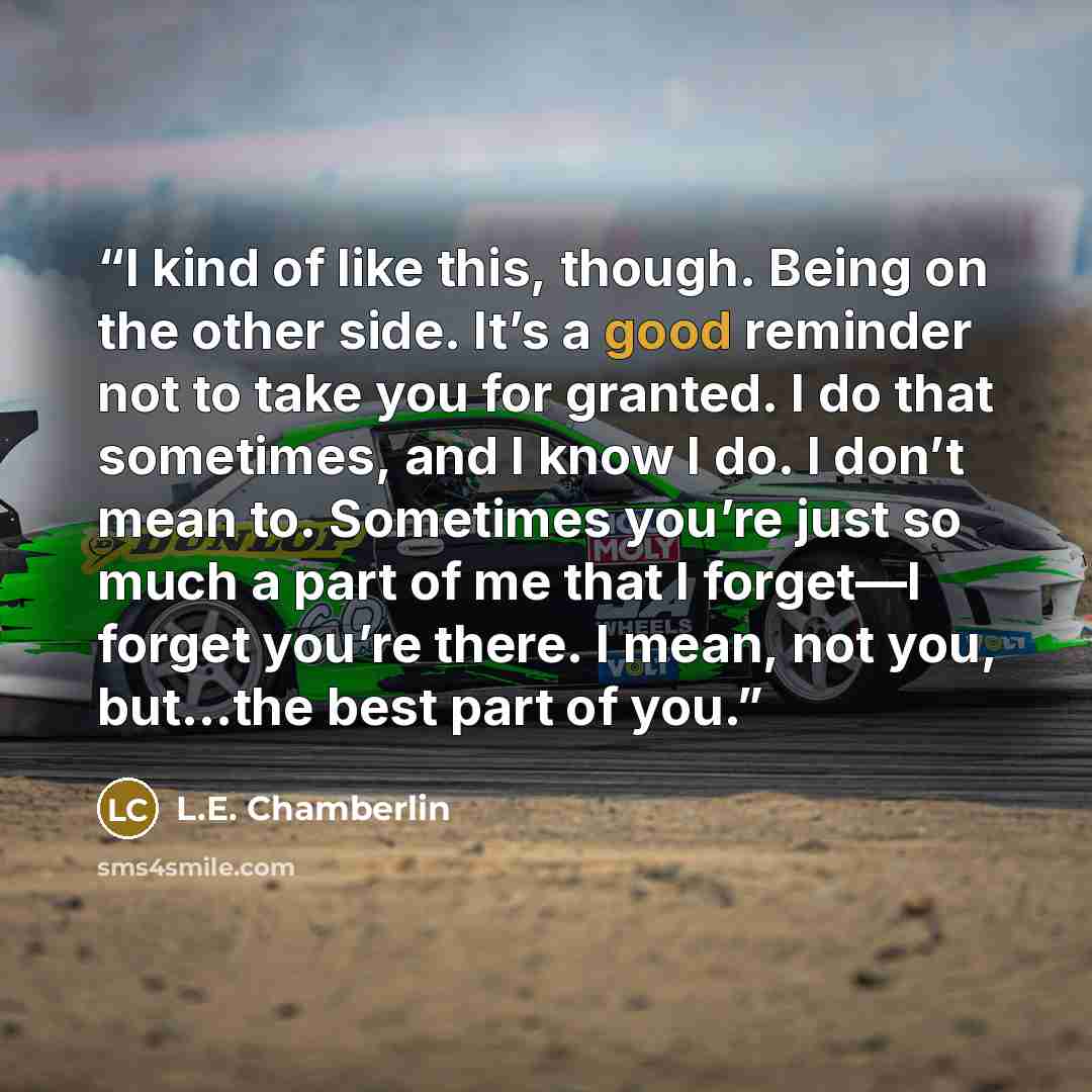 “I kind of like this, though. Being on the other side. It’s a good reminder not to take you for granted. I do that sometimes, and I know I do. I don’t mean to. Sometimes you’re just so much a part of me that I forget—I forget you’re there. I mean, not you, but…the best part of you.” quote by L.E. Chamberlin