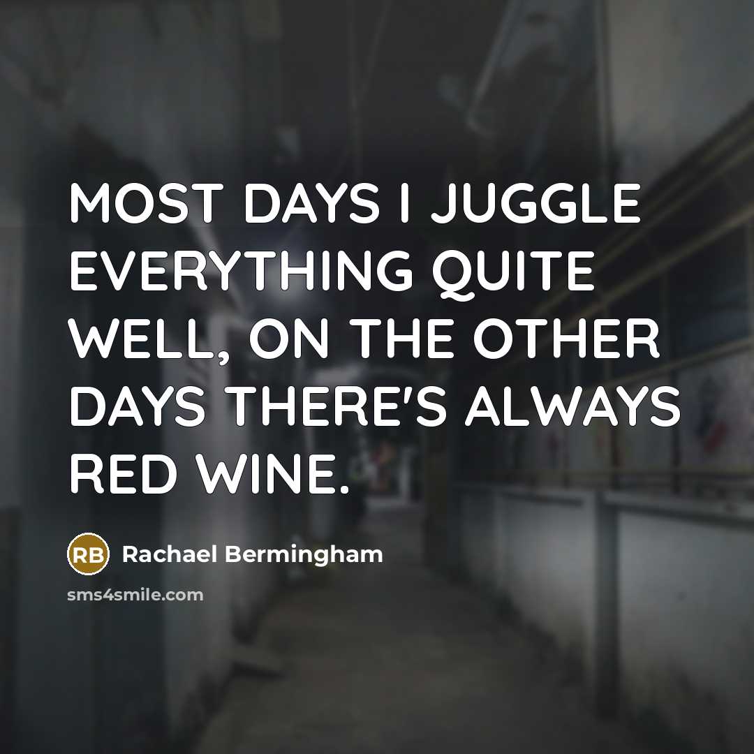 “MOST DAYS I JUGGLE EVERYTHING QUITE WELL, ON THE OTHER DAYS THERE'S ALWAYS RED WINE.” quote by Rachael Bermingham